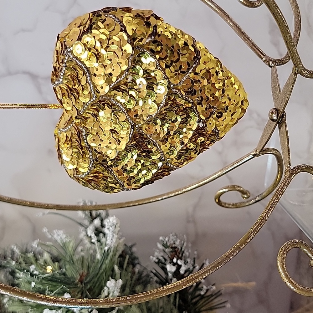 Shiny Gold Sequin Heart Ornament Beaded Christmas Gold Glamour